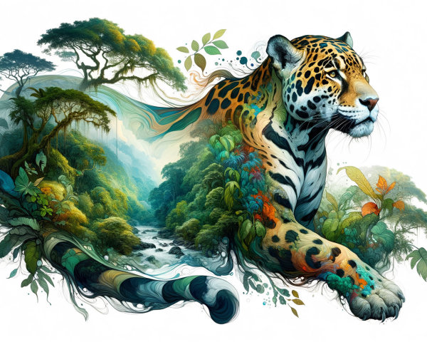 Jaguar in Lush Jungle with Vibrant Ecosystem Elements