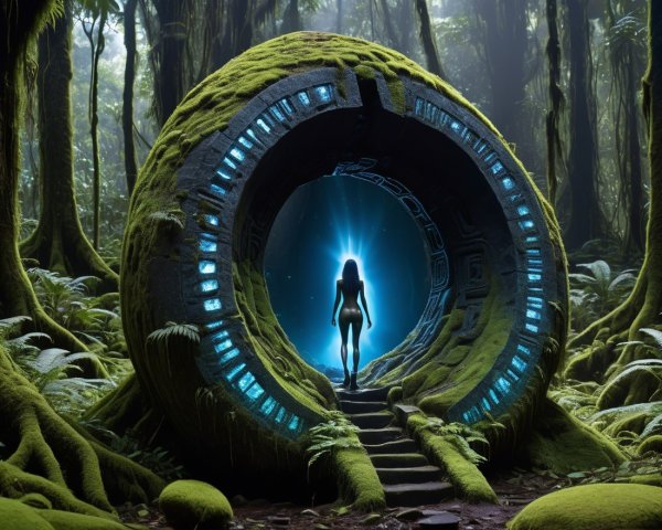 Mysterious Portal Surrounded by Lush Forest and Vines