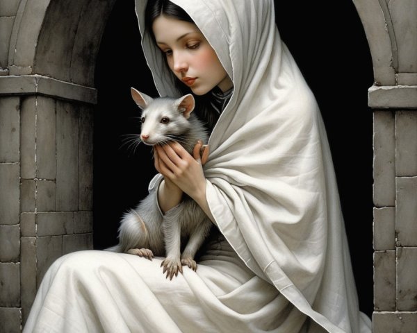 Serene Young Girl in White Garment in Stone Alcove