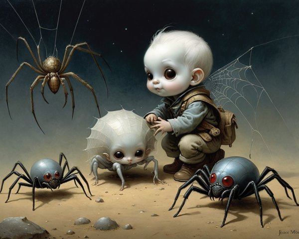 Surreal Scene of Child with Cartoonish Spiders