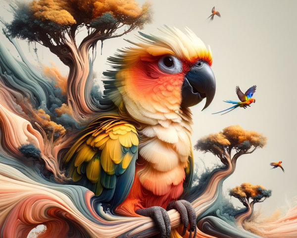 Vibrant Parrot with Whimsical Surroundings and Trees