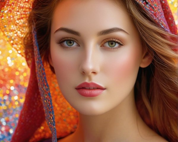 Young woman with green eyes and colorful hat portrait