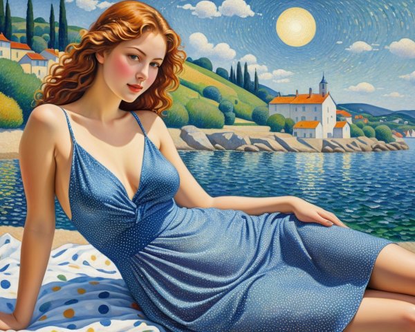 Young woman in blue dress by tranquil waterscape
