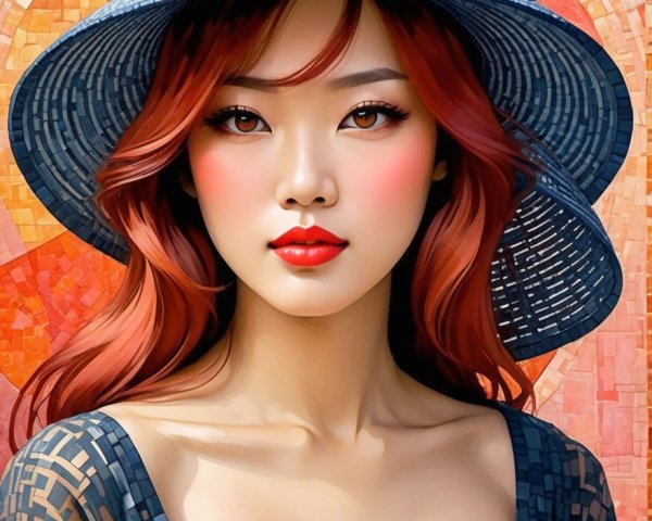 Portrait of a Woman with Red Hair and Wide-Brimmed Hat