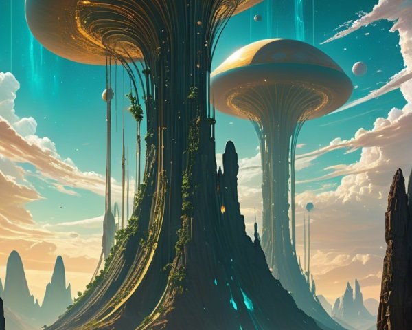 Alien Landscape with Luminescent Mushrooms and Cosmic Sky