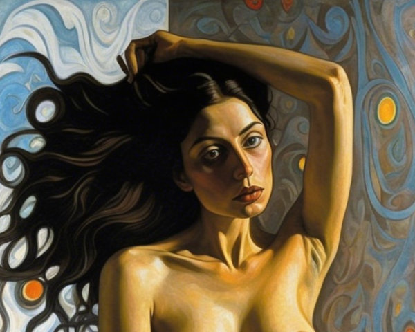 Portrait of a Woman with Dark Hair and Intricate Background