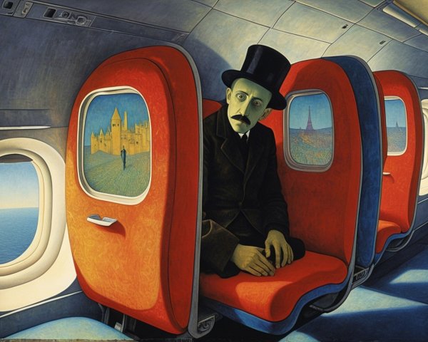 Surreal Airplane Interior with Red Seats and Landscape