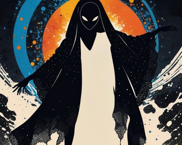 Silhouette of a Cloaked Figure Against Vibrant Colors