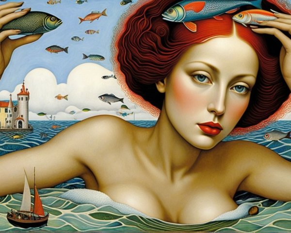 Surreal Scene of Woman in Blue Waters with Fish