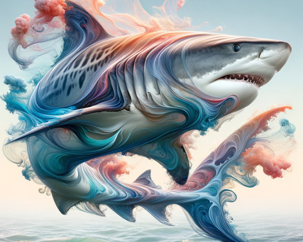 Stylized Shark Emerging from Colorful Ocean Waves