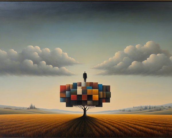 Surreal Landscape with Geometric Tree and Figure