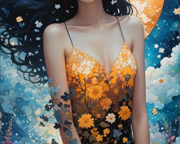Serene woman in floral dress with luminous moon backdrop