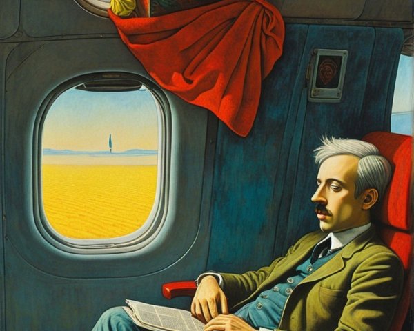 Surreal Airplane Scene with Unusual Characters and Landscape