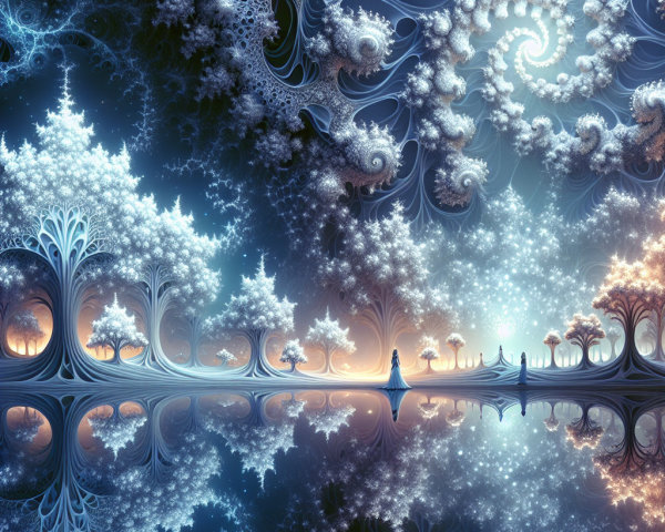 Surreal Landscape with Fractal Trees and Ethereal Sky