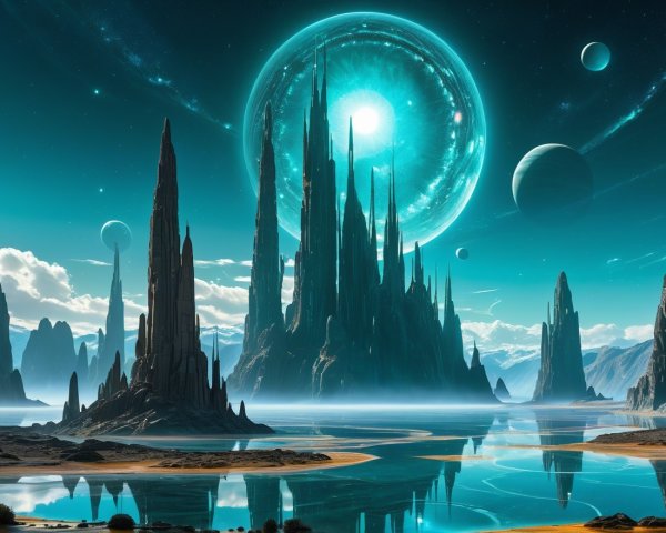 Alien Landscape with Spires and Celestial Bodies