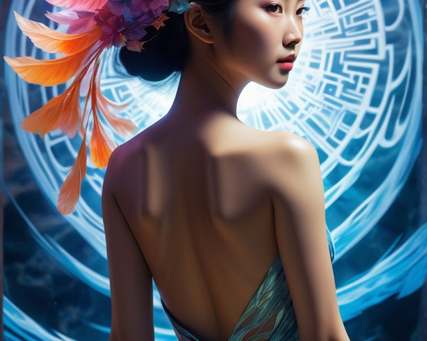 Asian Woman in Colorful Feathered Hair and Bodysuit