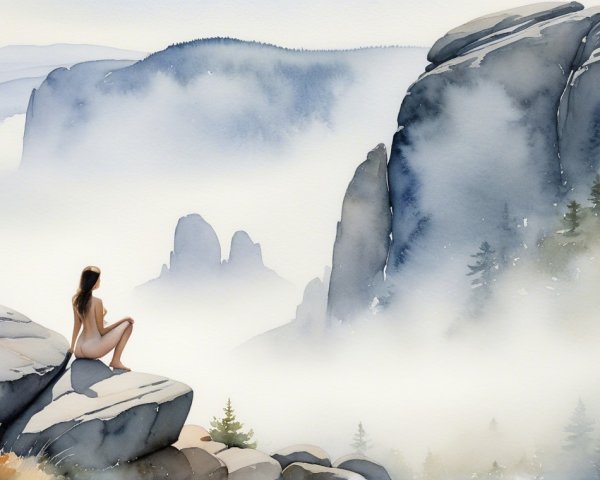 Watercolor Landscape of a Figure by Misty Cliffs