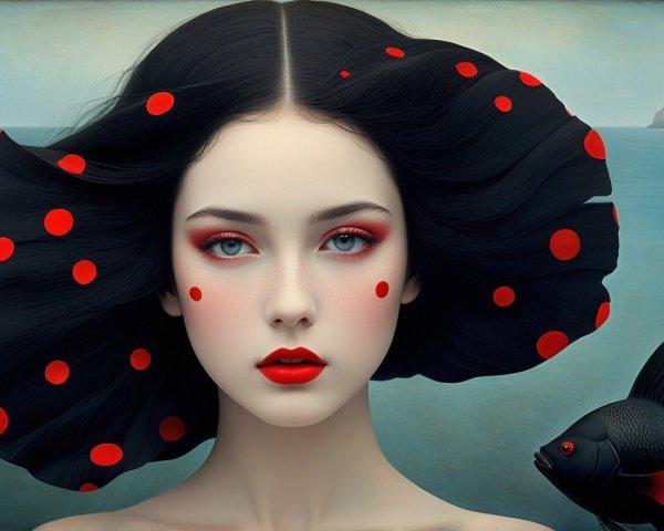 Surreal Portrait of a Woman with Polka Dots and Fish