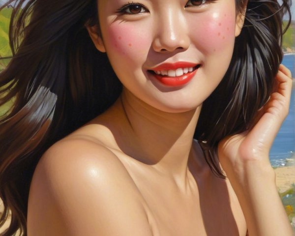 Cheerful Young Woman Posing at Vibrant Beach Scene