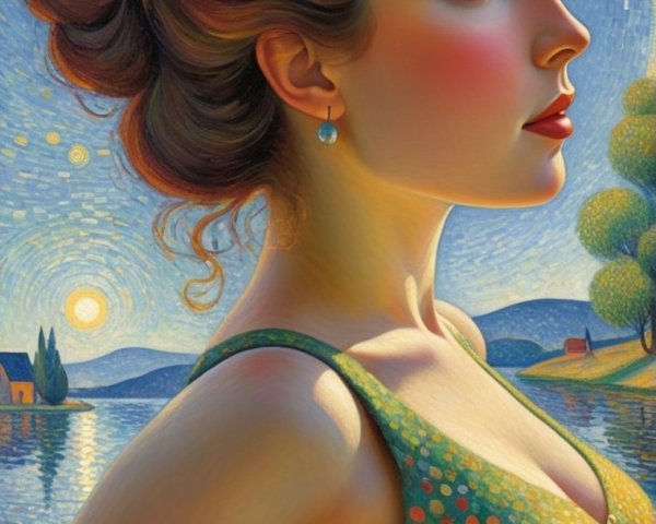 Side Profile of Woman in Green Dress Against Landscape