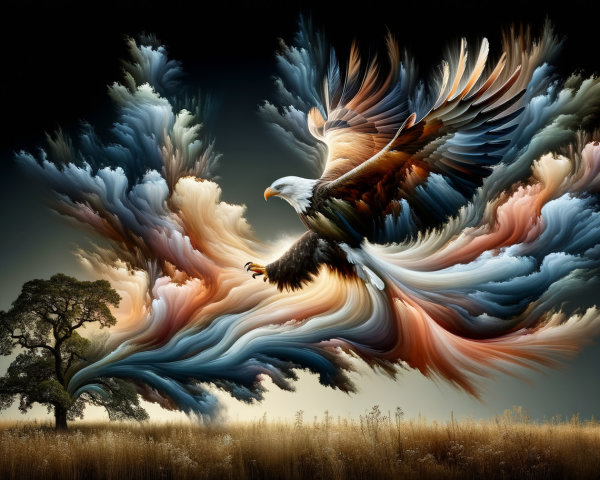 Eagle Soaring in Abstract Colorful Landscape