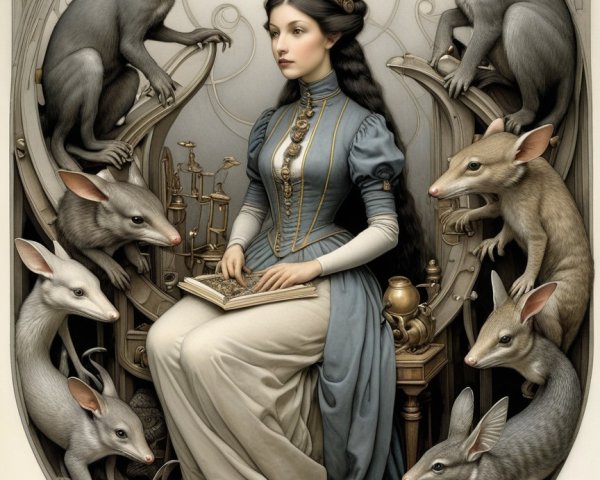 Regal Woman in Blue Gown Surrounded by Mice
