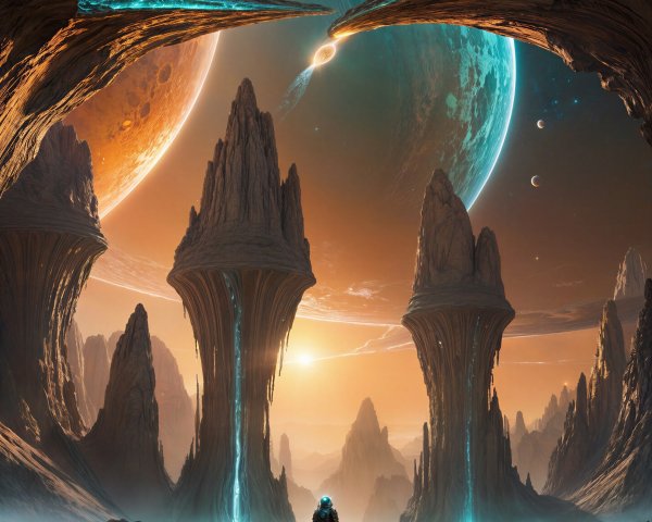 Alien Landscape with Towering Rocks and Tranquil Lake