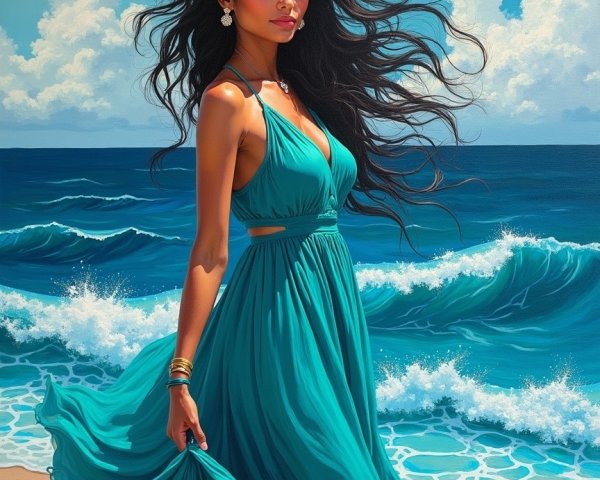 Woman in teal dress on serene sandy beach