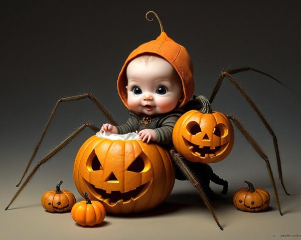 Whimsical Baby in Pumpkin Hat with Jack-o'-Lanterns