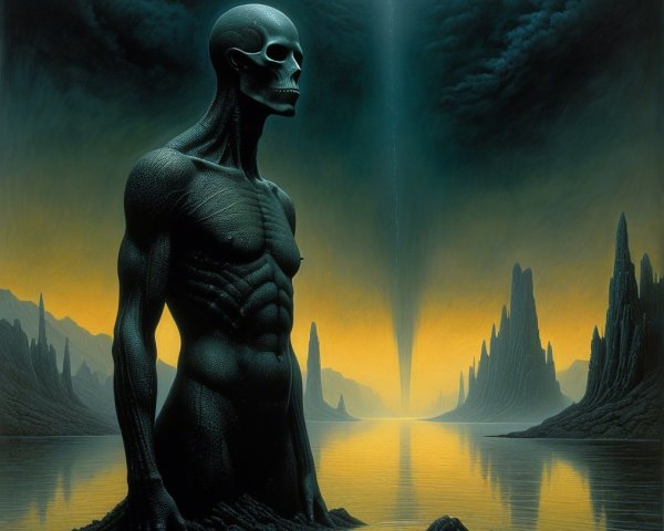 Skeletal Figure in Surreal Landscape with Stormy Sky