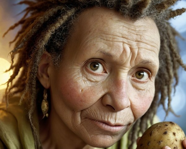 Close-up of an elderly person with dreadlocks and potato