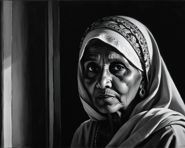 Black-and-white portrait of an elderly woman with headscarf