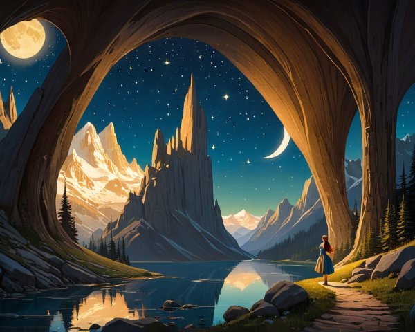 Magical Cave Landscape with Serene Lake and Moonlight