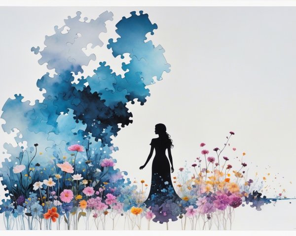 Silhouette in a Colorful Floral Landscape with Puzzle Pieces
