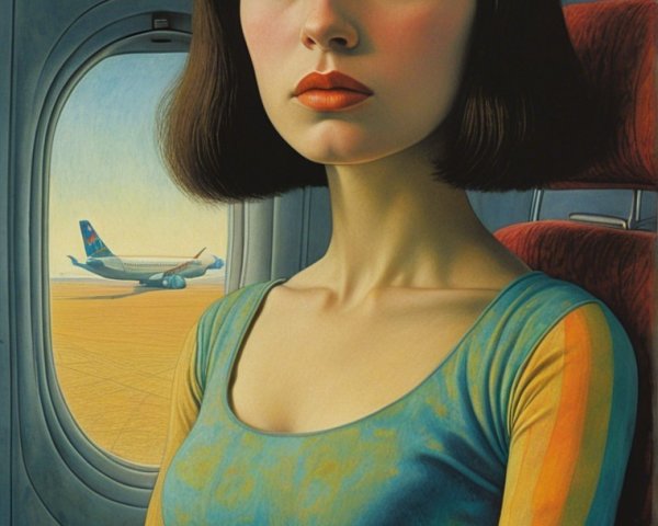 Young woman by airplane window with colorful attire