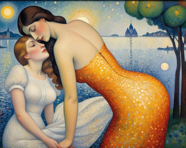 Intimate lakeside scene with two women embracing