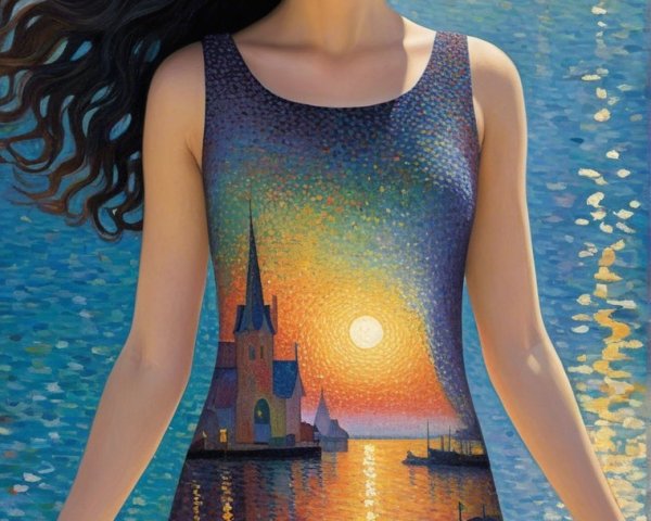 Young Woman in Dress Against Shimmering Sea Background
