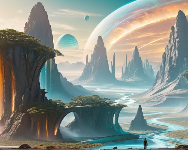 Alien Landscape with Mountains, Waterfalls, and Planets