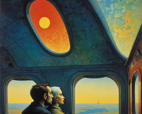 Surreal Train Interior at Dusk with Figures and Sunset