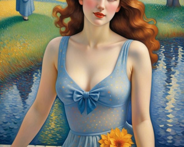 Young Woman by Tranquil Pond in Light Blue Dress