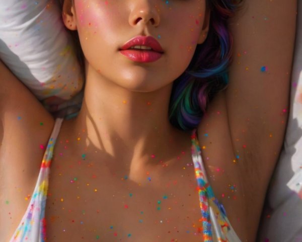 Model on Bed with Colorful Glitter and Multicolored Hair