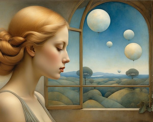 Surrealist Painting of a Serene Woman by an Open Window