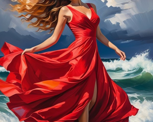 Woman in Red Dress on Beach with Dramatic Sky