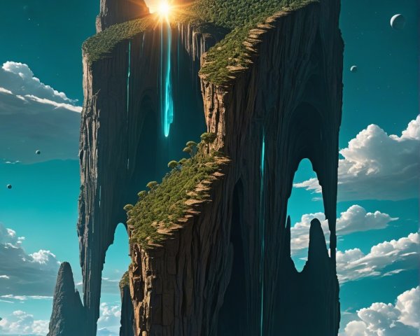 Surreal Landscape with Jagged Mountains and Glowing Sky