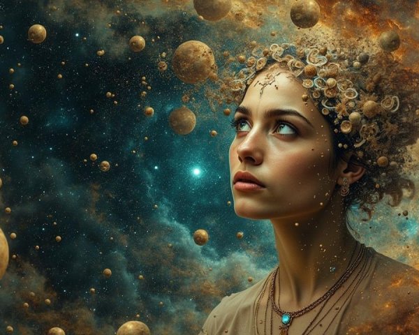 Young woman with cosmic elements in deep space scene
