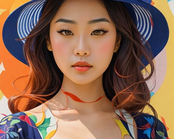 Young Woman in Floral Dress with Blue Hat and Abstract Background