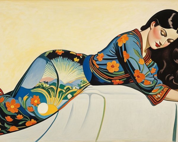 Reclining Woman in Floral Blue Dress with Serene Expression