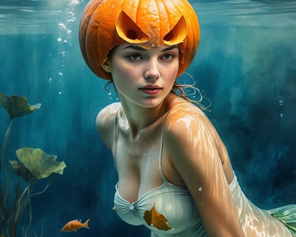 Underwater Scene with Young Woman and Pumpkin Headpiece