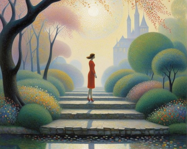 Serene pathway with colorful trees and distant castle
