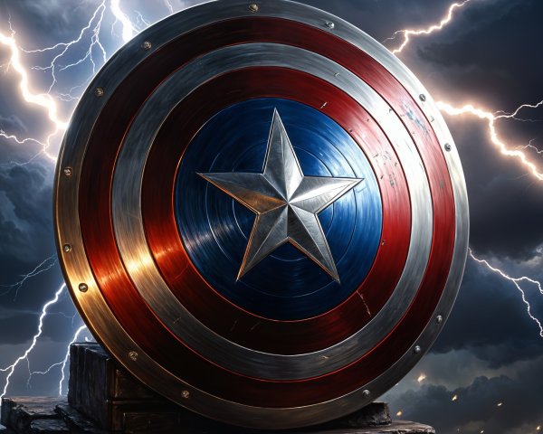 Shield with Red, White, and Blue Colors Against Clouds